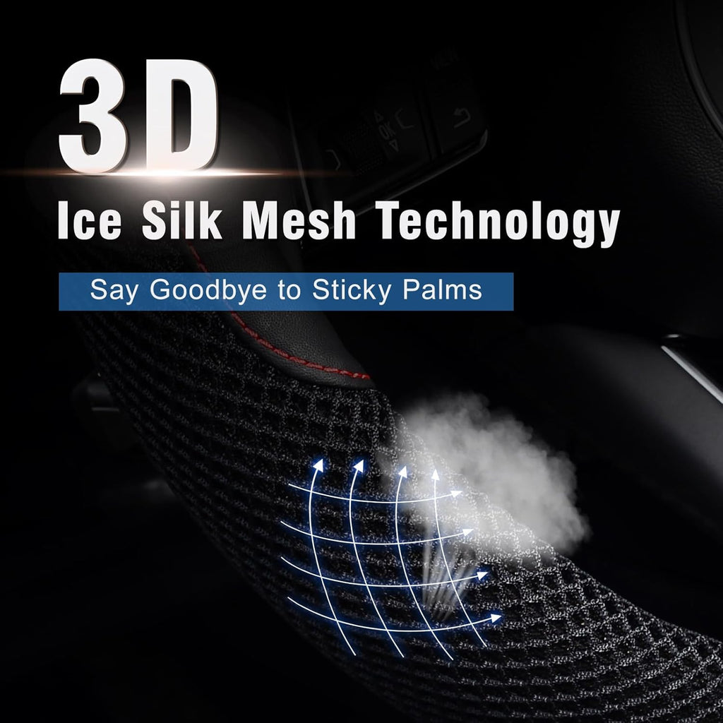 Steering Wheel Cover, Cooling Ice Silk Mesh with Microfiber Leather, Ultra Breathable, Anti Slip Car Grip, Heat Resistant Summer Cool, 14.5-15 inch Universal Fit