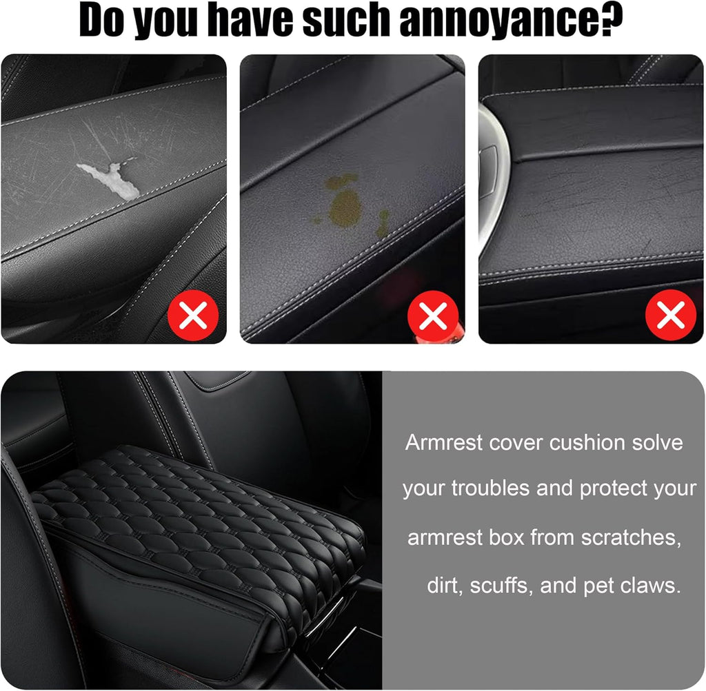 Car Center Console Cover, Leather Memory Foam Armrest Cover Cushion with 2 Storage Bags, Waterproof Comfortable Universal fit Most Cars