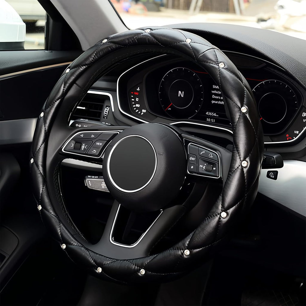 Leather Steering Wheel Cover, Studded Bling Diamond Steering Wheel Protector, Universal 14.5-15"