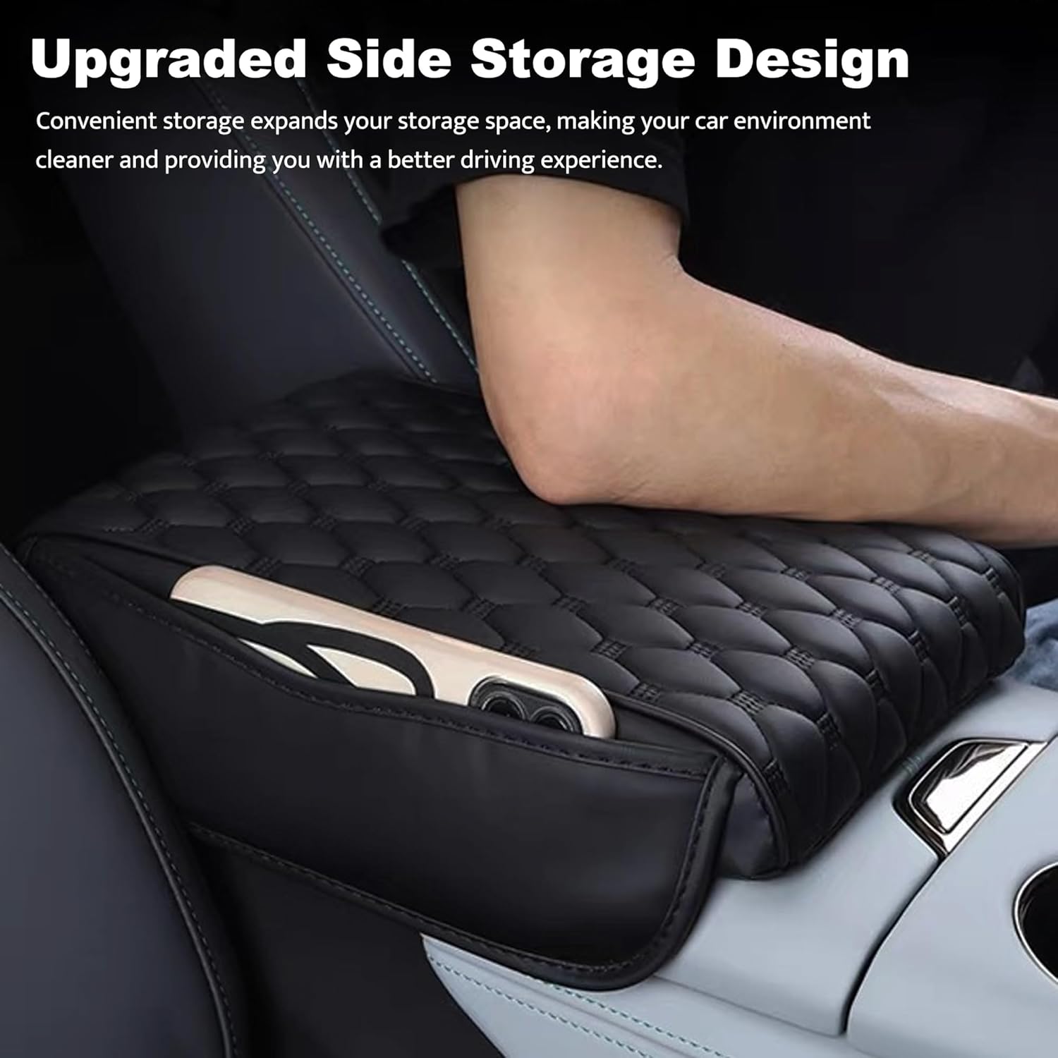 Car Center Console Cover, Leather Memory Foam Armrest Cover Cushion with 2 Storage Bags, Waterproof Comfortable Universal fit Most Cars