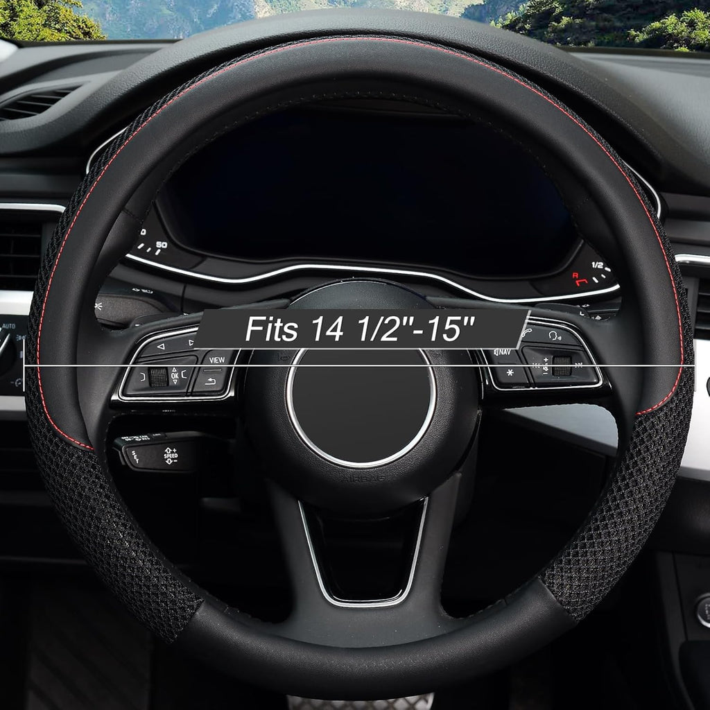 Steering Wheel Cover, Cooling Ice Silk Mesh with Microfiber Leather, Ultra Breathable, Anti Slip Car Grip, Heat Resistant Summer Cool, 14.5-15 inch Universal Fit