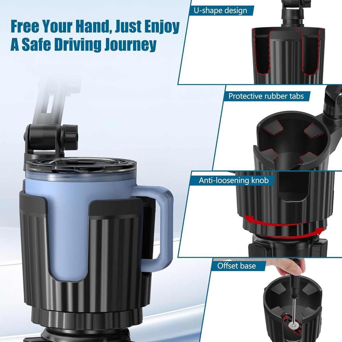 2 in 1 Cup Holder Phone Mount, Cup Holder Expander for Car Long Arm with 360°Rotation Cup Holder Cell Phone Holder for Car Compatible with All Smartphones