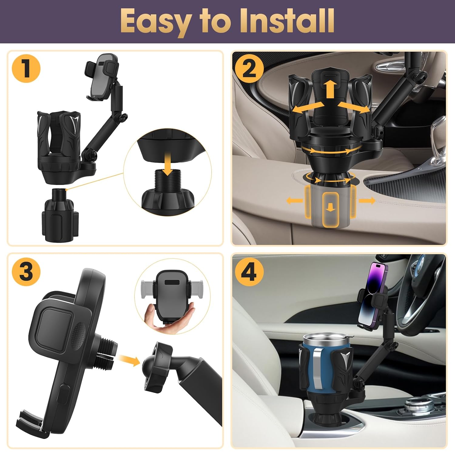 Cup Holder Phone Holder for Car, Adjustable with Rubber Grip, Secure Hold, Multi-Scenario Use for Drivers, Commuters & Road Trips, Universal Fit for Up to 5.31'' Drinks/Mugs/Foods