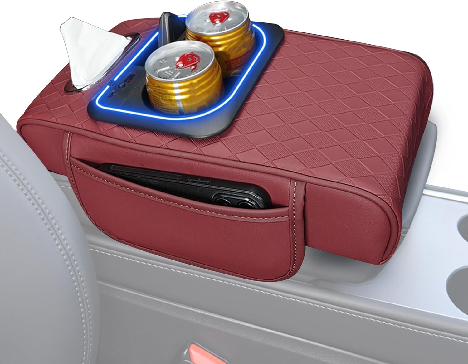 Car Center Console Cover, Armrest Pad with USB LED Light 2 Storage Pockets, Cup Holder, Phone Slot, Tissue Box Slot, Universal fit