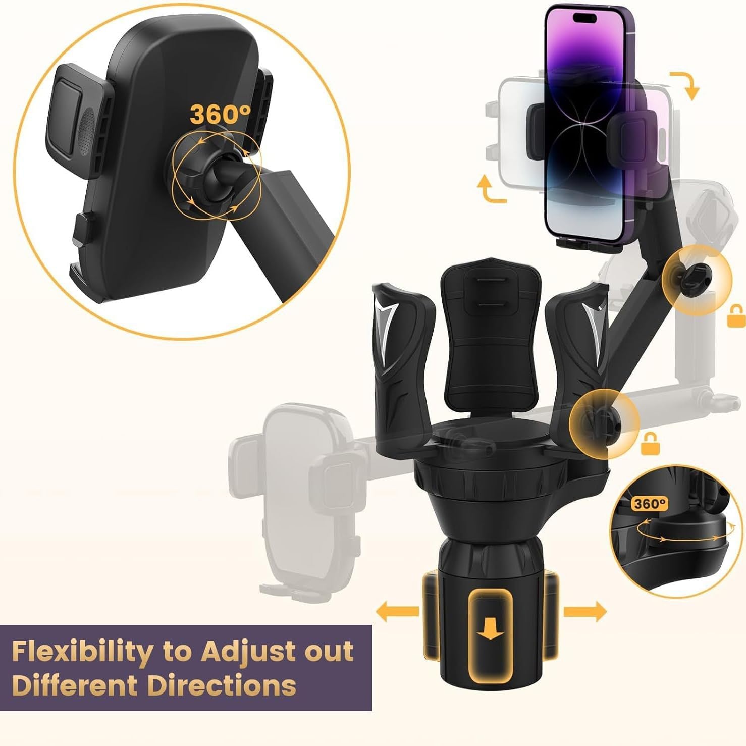 Cup Holder Phone Holder for Car, Adjustable with Rubber Grip, Secure Hold, Multi-Scenario Use for Drivers, Commuters & Road Trips, Universal Fit for Up to 5.31'' Drinks/Mugs/Foods