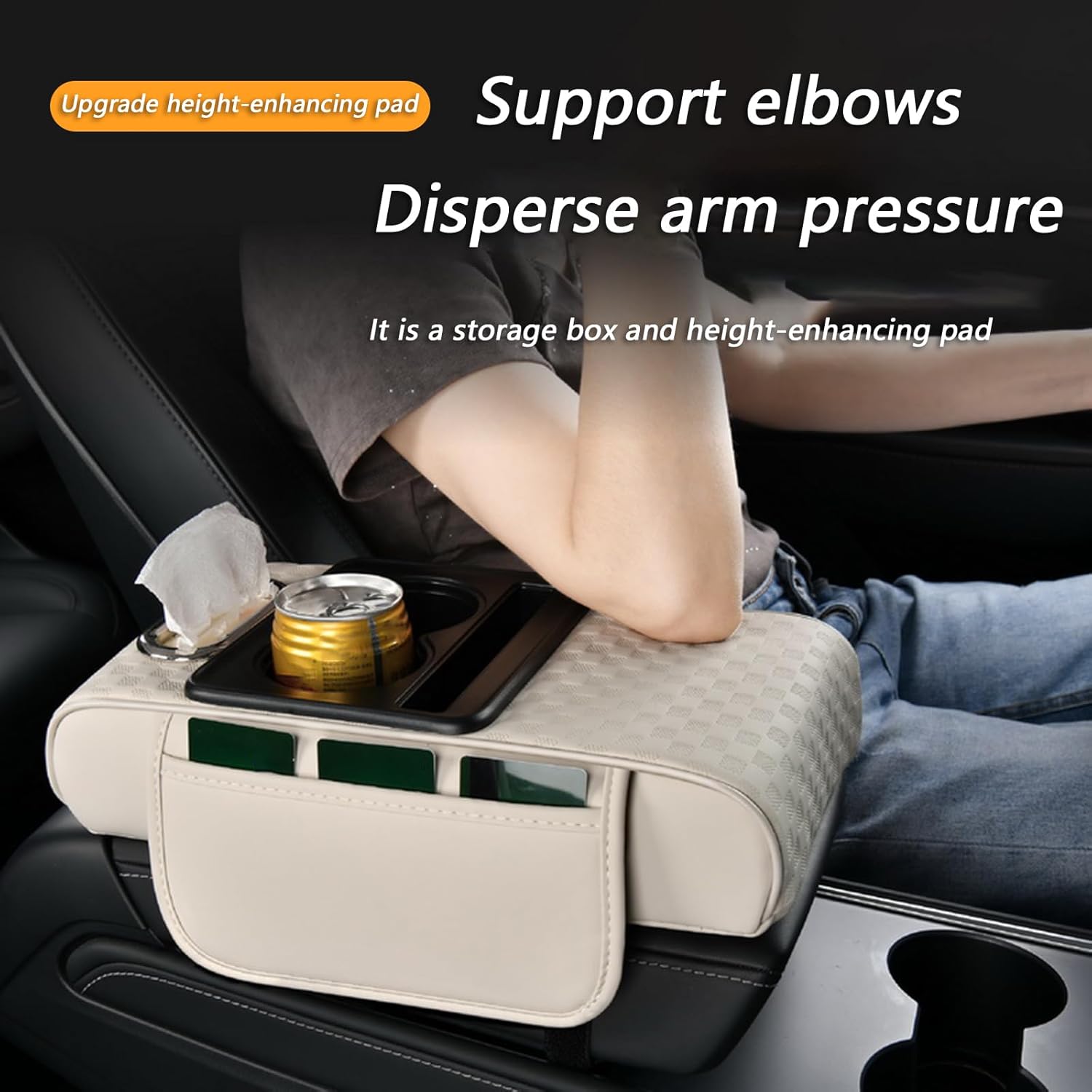 Car Center Console Cover, Armrest Pad with 2 Storage Pockets, Cup Holder, Tissue Box Slot, Phone Holder, Universal fit