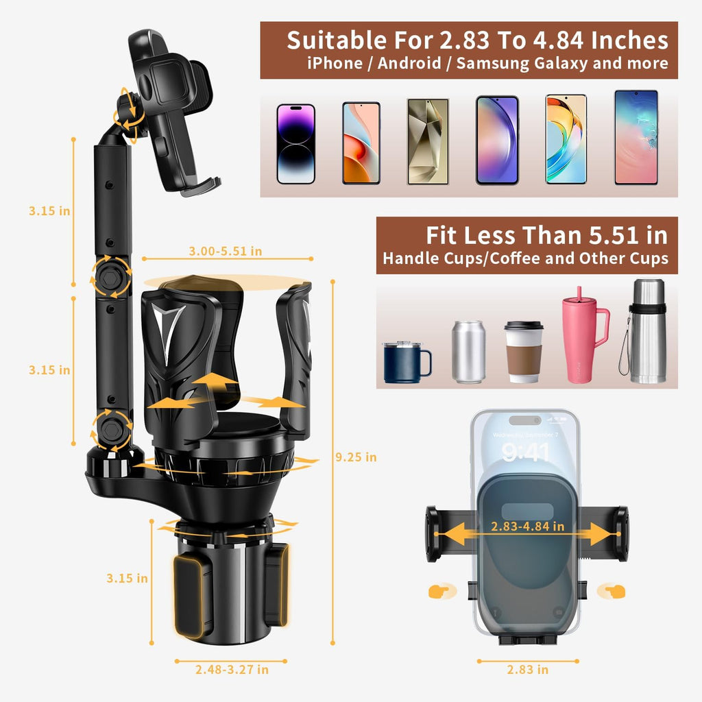 Cup Holder Phone Holder for Car, Adjustable with Rubber Grip, Secure Hold, Multi-Scenario Use for Drivers, Commuters & Road Trips, Universal Fit for Up to 5.31'' Drinks/Mugs/Foods