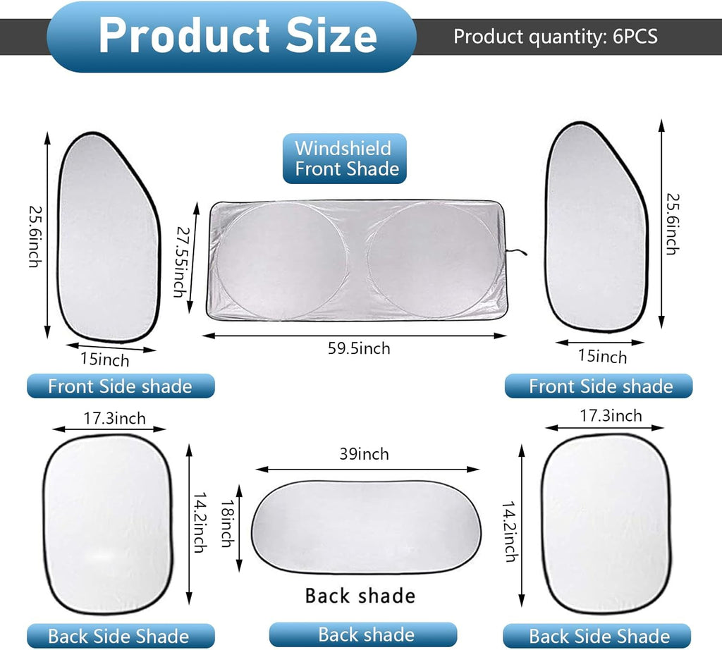 6PCS Reflective Car Windshield Sunshade Kit, Silver Coated Sunproof Protection Heat Shield, Side Window Privacy Protection Cover Car Window Covers for Camping Napping, Keep Cool for Most Cars