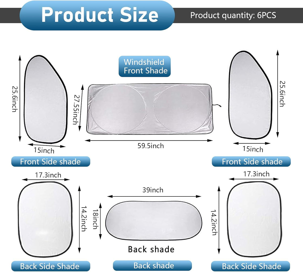6PCS Reflective Car Windshield Sunshade Kit, Silver Coated Sunproof Protection Heat Shield, Side Window Privacy Protection Cover Car Window Covers for Camping Napping, Keep Cool for Most Cars