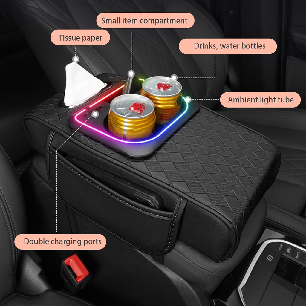 Car Center Console Cover, Armrest Pad with USB LED Light 2 Storage Pockets, Cup Holder, Phone Slot, Tissue Box Slot, Universal fit