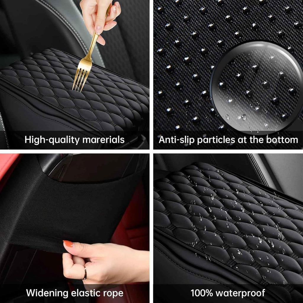 Car Center Console Cover, Leather Memory Foam Armrest Cover Cushion with 2 Storage Bags, Waterproof Comfortable Universal fit Most Cars