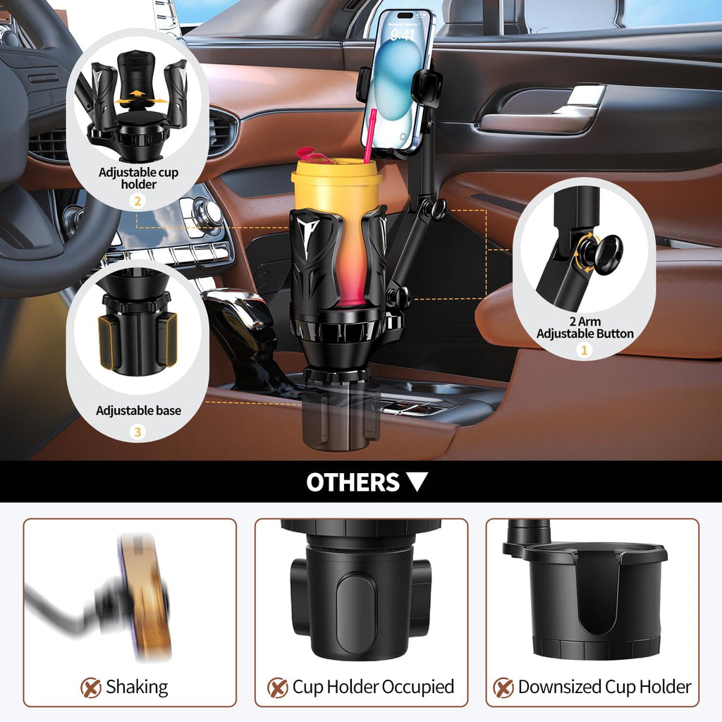 Cup Holder Phone Holder for Car, Adjustable with Rubber Grip, Secure Hold, Multi-Scenario Use for Drivers, Commuters & Road Trips, Universal Fit for Up to 5.31'' Drinks/Mugs/Foods