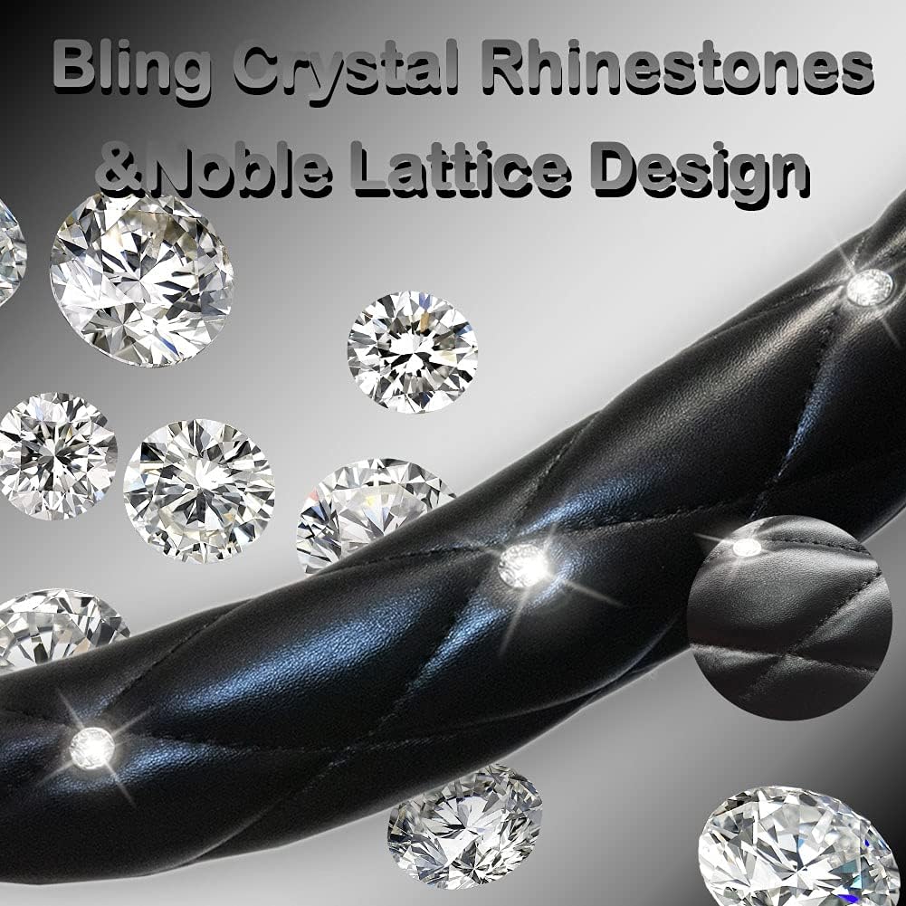 Leather Steering Wheel Cover, Studded Bling Diamond Steering Wheel Protector, Universal 14.5-15"