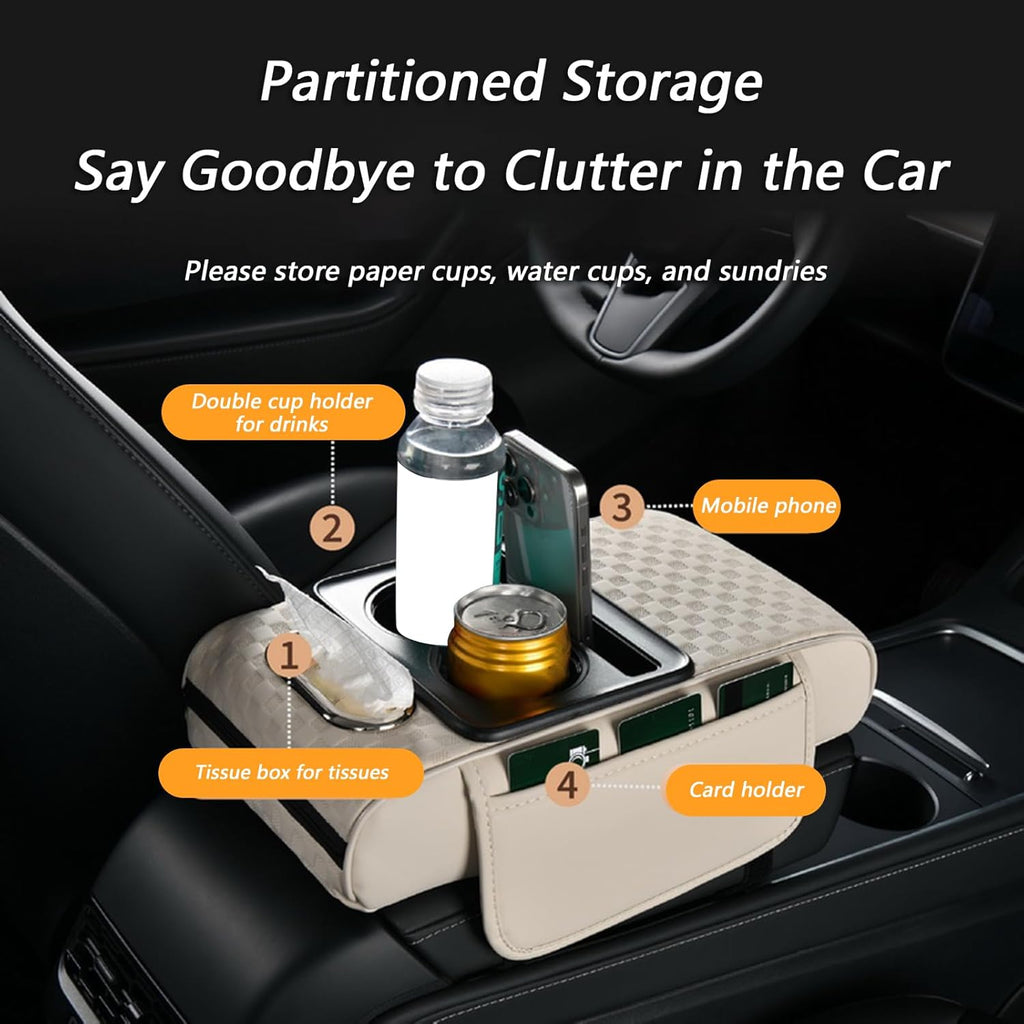 Car Center Console Cover, Armrest Pad with 2 Storage Pockets, Cup Holder, Tissue Box Slot, Phone Holder, Universal fit
