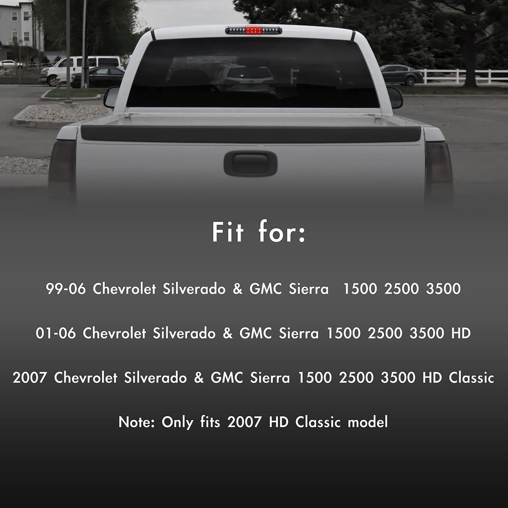 3rd Brake Light for 99-06 Chevy Silverado GMC Sierra 07 Classic Smoke LED Smoke lens LED 3rd brake light with seal gasket fits 99-06 Chevy Silverado/GMC Sierra 1500 2500 3500 HD & 07 Classic