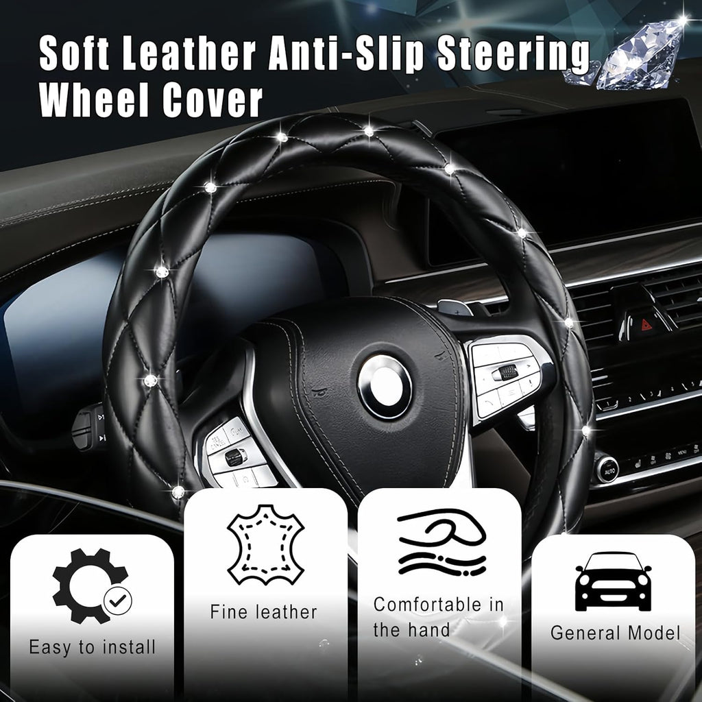 Leather Steering Wheel Cover, Studded Bling Diamond Steering Wheel Protector, Universal 14.5-15"