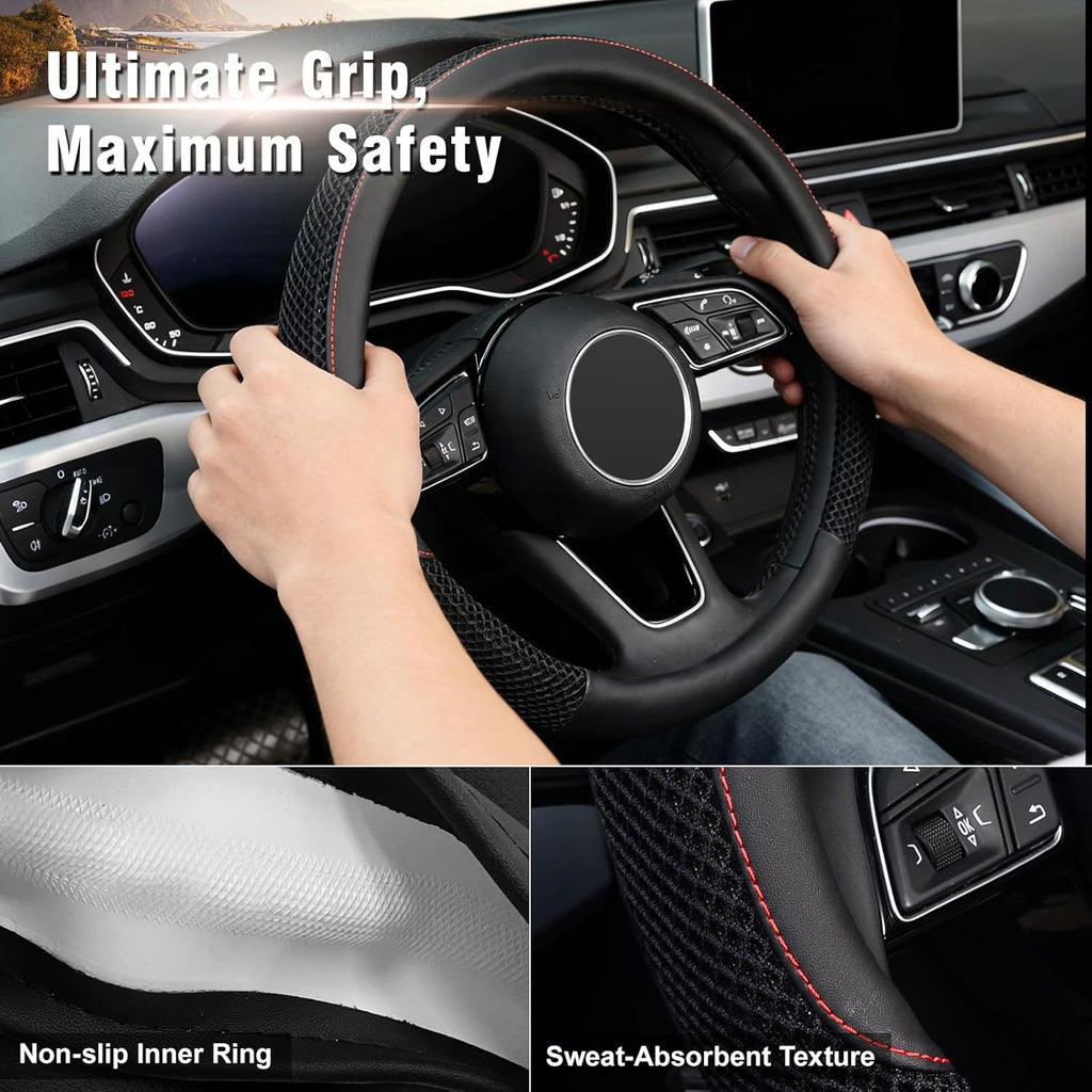 Steering Wheel Cover, Cooling Ice Silk Mesh with Microfiber Leather, Ultra Breathable, Anti Slip Car Grip, Heat Resistant Summer Cool, 14.5-15 inch Universal Fit