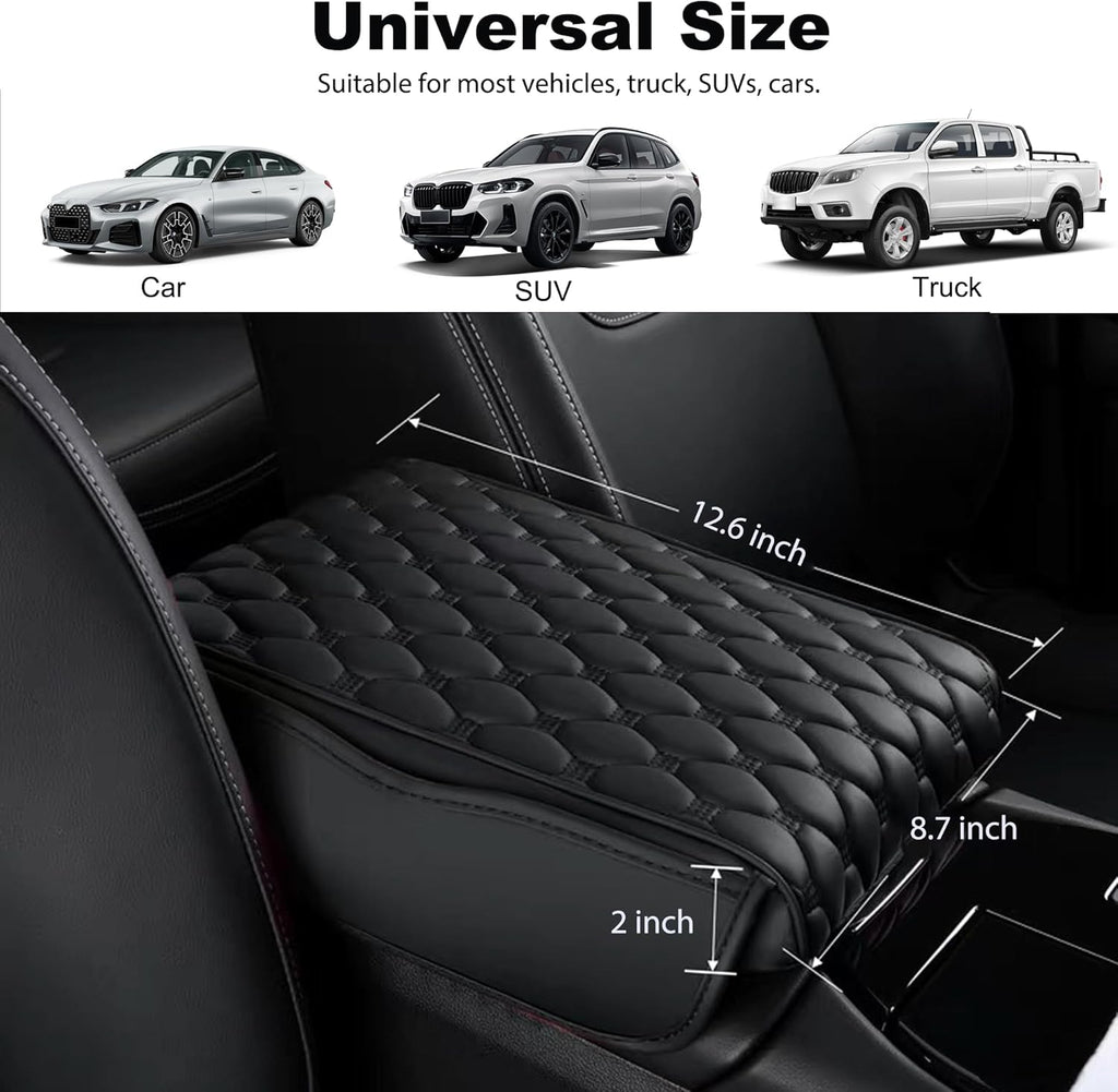 Car Center Console Cover, Leather Memory Foam Armrest Cover Cushion with 2 Storage Bags, Waterproof Comfortable Universal fit Most Cars