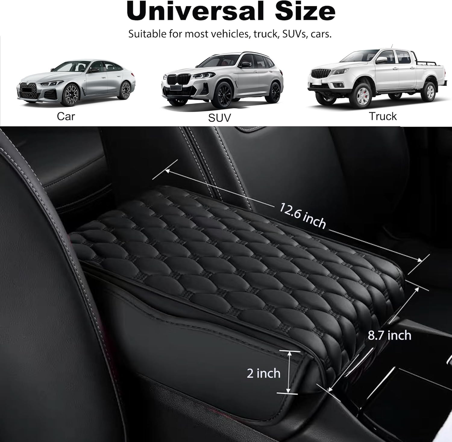 Car Center Console Cover, Leather Memory Foam Armrest Cover Cushion with 2 Storage Bags, Waterproof Comfortable Universal fit Most Cars