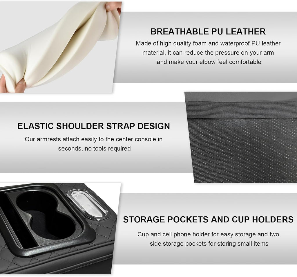 Car Center Console Cover, Armrest Pad with USB LED Light 2 Storage Pockets, Cup Holder, Phone Slot, Tissue Box Slot, Universal fit