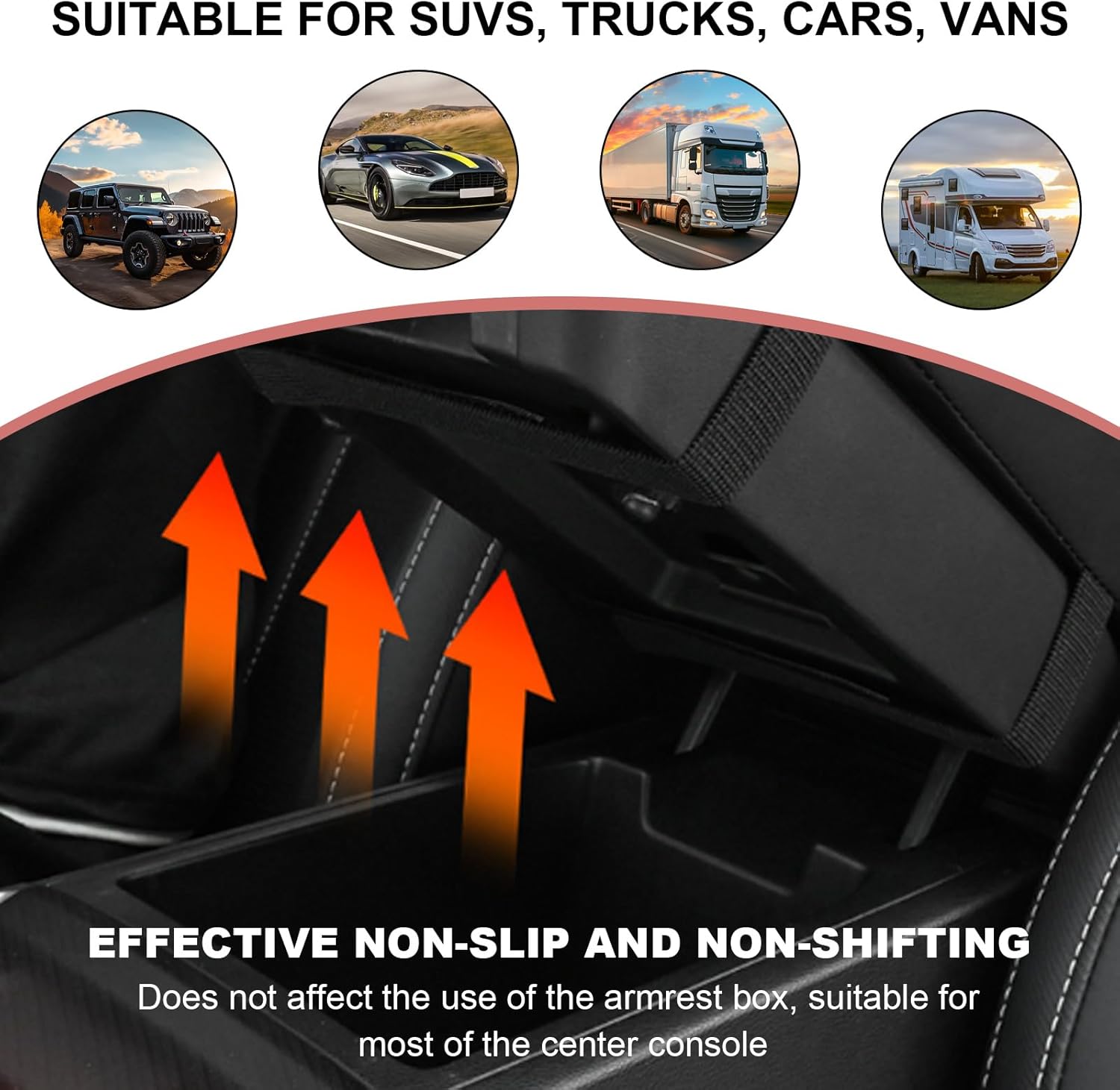 Car Center Console Cover, Armrest Pad with USB LED Light 2 Storage Pockets, Cup Holder, Phone Slot, Tissue Box Slot, Universal fit