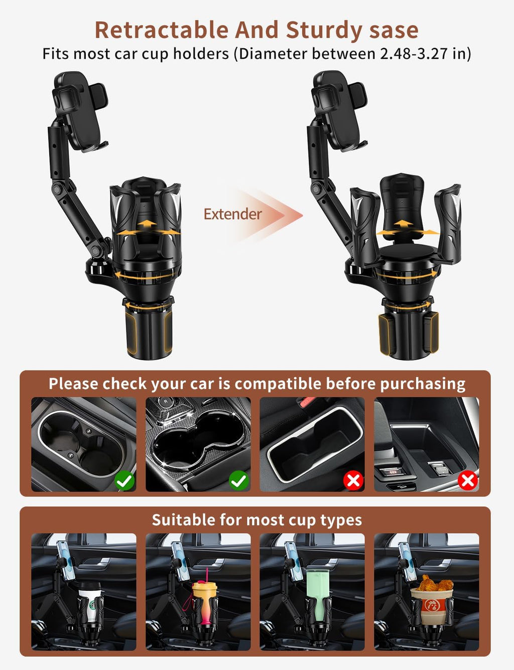 Cup Holder Phone Holder for Car, Adjustable with Rubber Grip, Secure Hold, Multi-Scenario Use for Drivers, Commuters & Road Trips, Universal Fit for Up to 5.31'' Drinks/Mugs/Foods