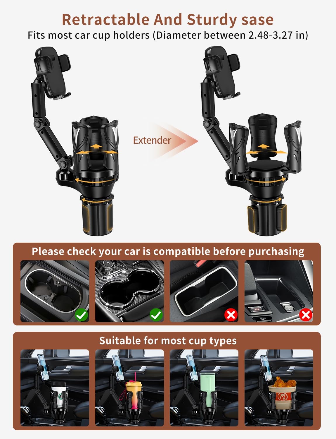 Cup Holder Phone Holder for Car, Adjustable with Rubber Grip, Secure Hold, Multi-Scenario Use for Drivers, Commuters & Road Trips, Universal Fit for Up to 5.31'' Drinks/Mugs/Foods
