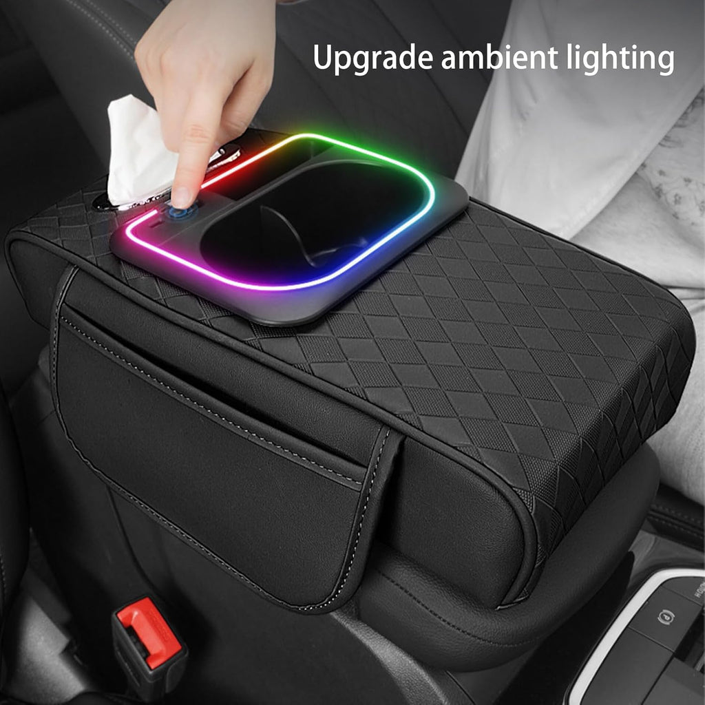 Car Center Console Cover, Armrest Pad with USB LED Light 2 Storage Pockets, Cup Holder, Phone Slot, Tissue Box Slot, Universal fit