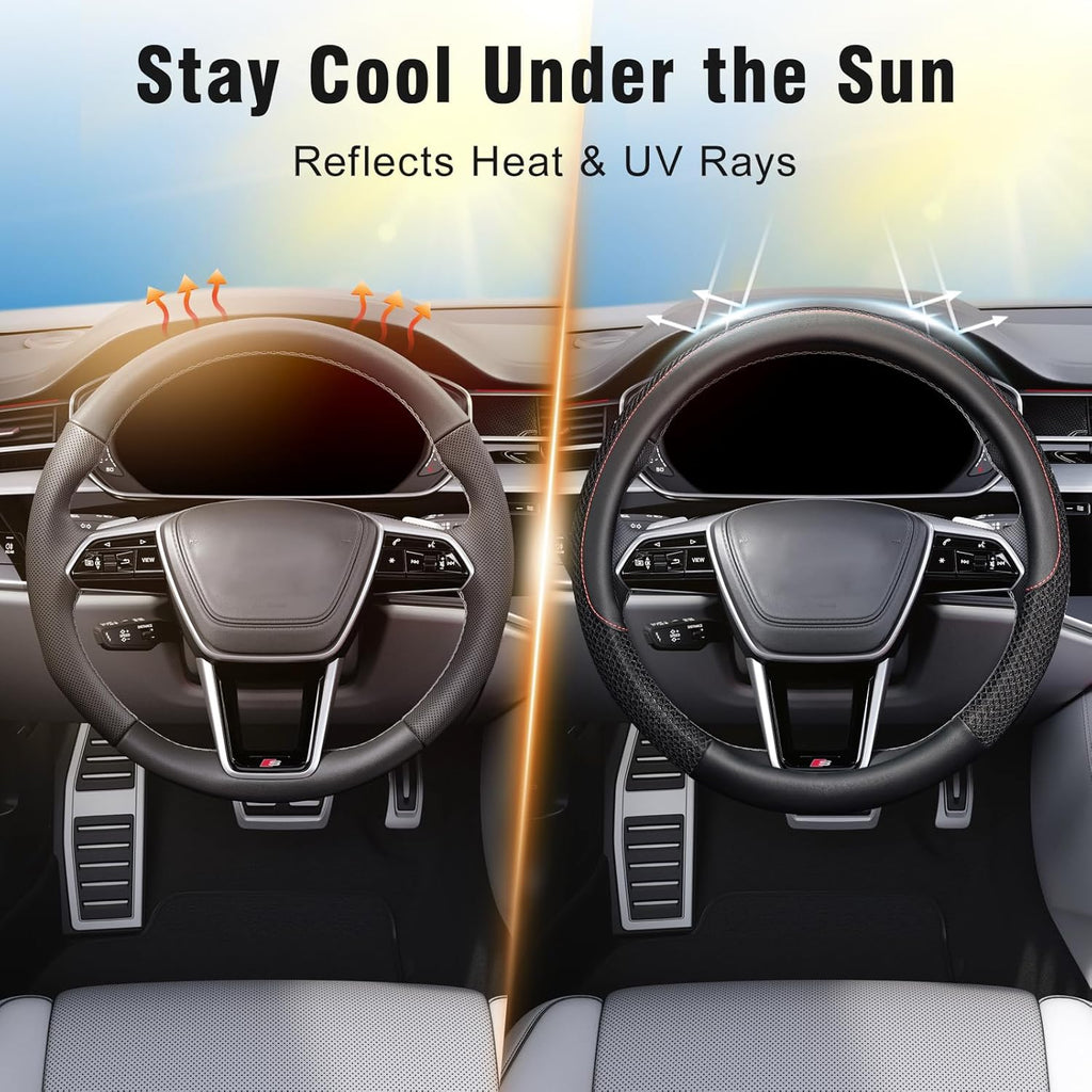 Steering Wheel Cover, Cooling Ice Silk Mesh with Microfiber Leather, Ultra Breathable, Anti Slip Car Grip, Heat Resistant Summer Cool, 14.5-15 inch Universal Fit