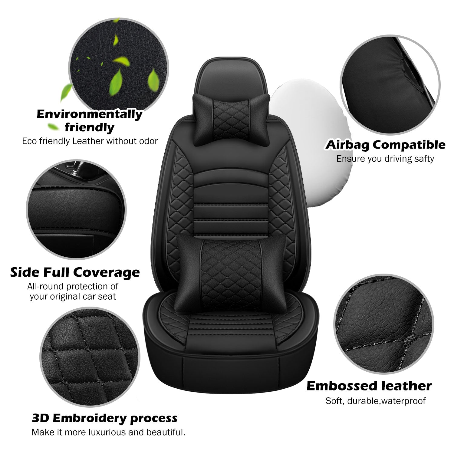 Universal Leather Car Seat Covers Set Airbag Compatible, Premium Faux Leather Water Resistant Automotive Accessories