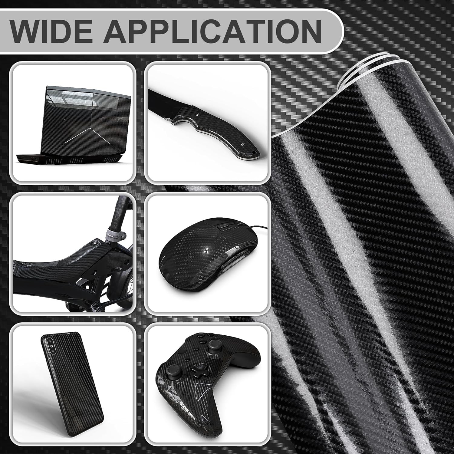 Carbon Fiber Vinyl Wrap 6D Gloss Black, Self Adhesive Car Wrap Film with Air Release Technology, Automotive DIY Vinyl Sticker for Car Motorcycle Interior Exterior, 1ft x 5ft with Tool Kits