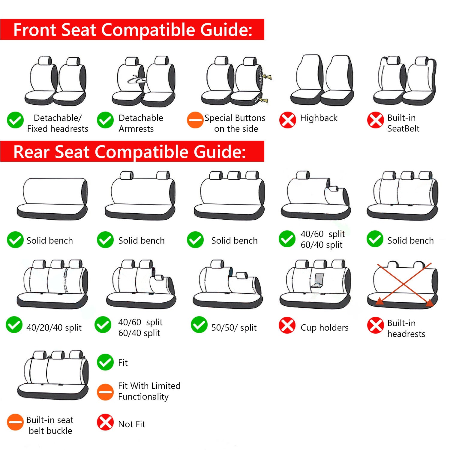 Universal Car Seat Covers Full Set PU Leather & Mesh Material Airbag Compatible, for Sedans SUVs Vans