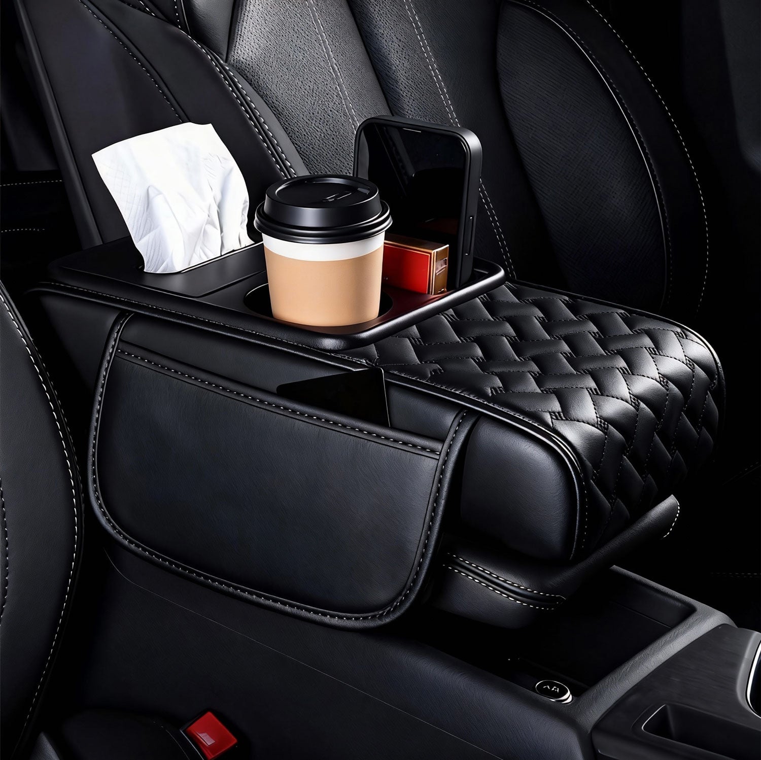 Car Center Console Cover, Armrest Pad with 2 Storage Pockets, Cup Holder, Tissue Box Slot, Phone Holder, Universal fit