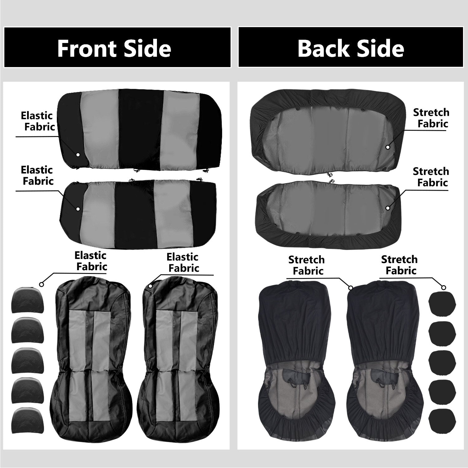 Universal Car Seat Covers Full Set PU Leather & Mesh Material Airbag Compatible, for Sedans SUVs Vans