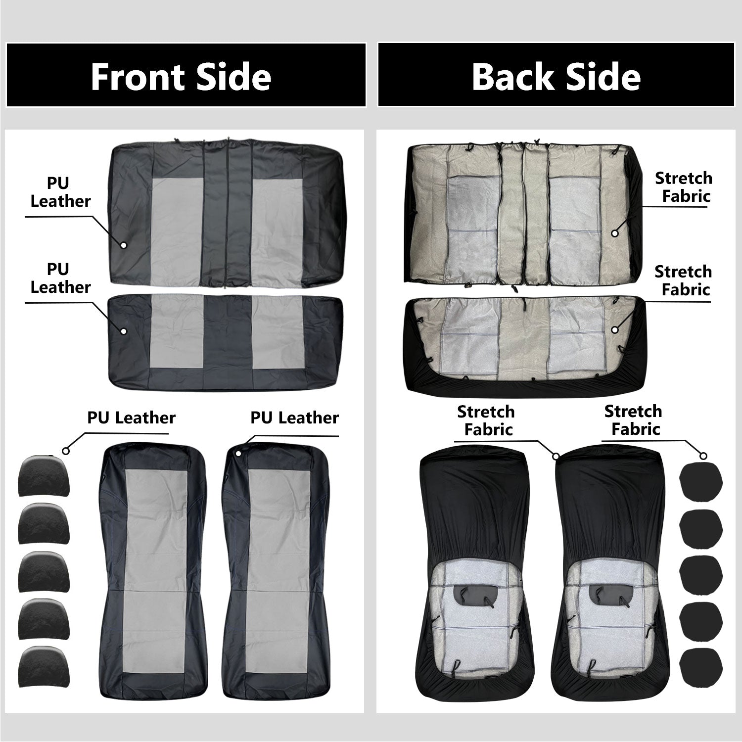 Universal Car Seat Covers Full Set PU Leather & Mesh Material Airbag Compatible, for Sedans SUVs Vans