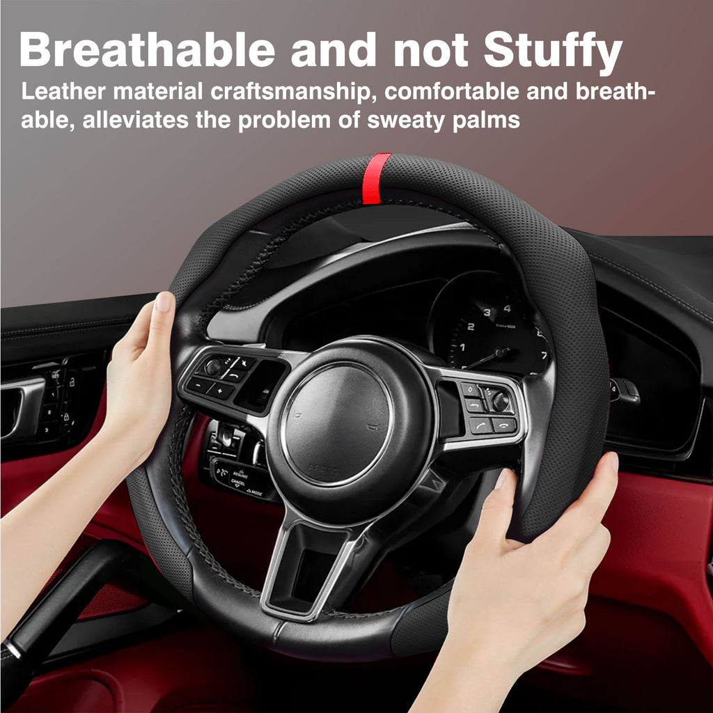 Steering Wheel Cover with Red Sporty Perforated Nappa Leather Stripes Universal Fit