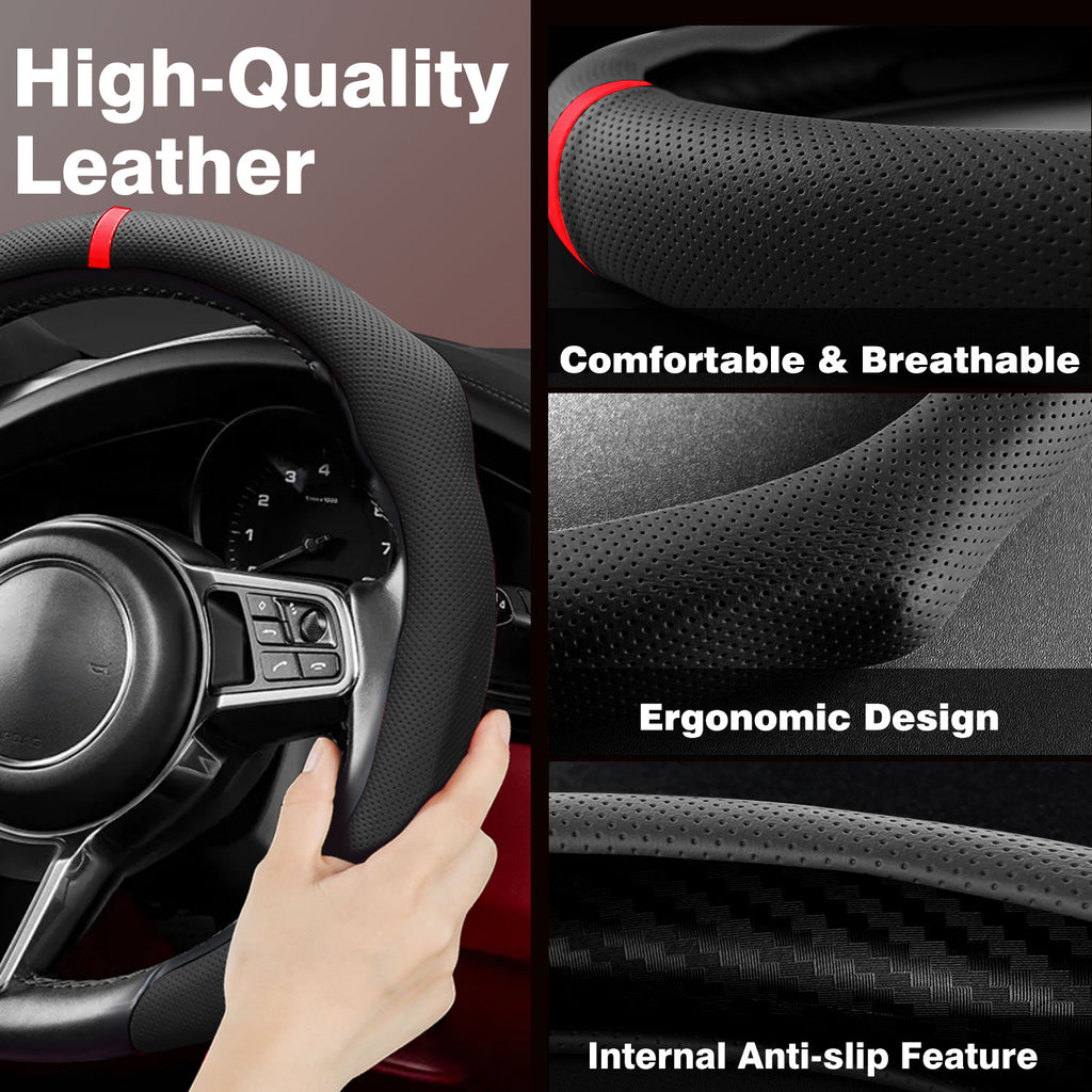 Steering Wheel Cover with Red Sporty Perforated Nappa Leather Stripes Universal Fit