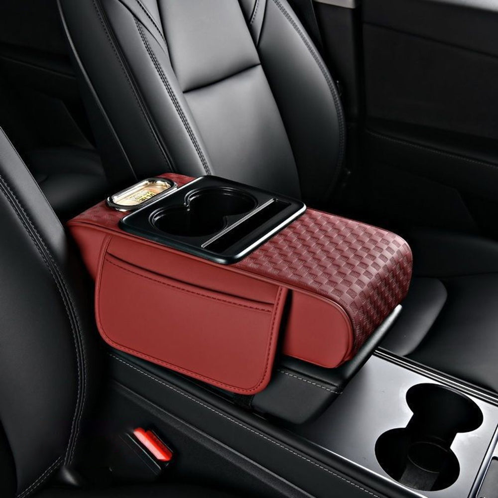 Car Center Console Cover, Armrest Pad with 2 Storage Pockets, Cup Holder, Tissue Box Slot, Phone Holder, Universal fit