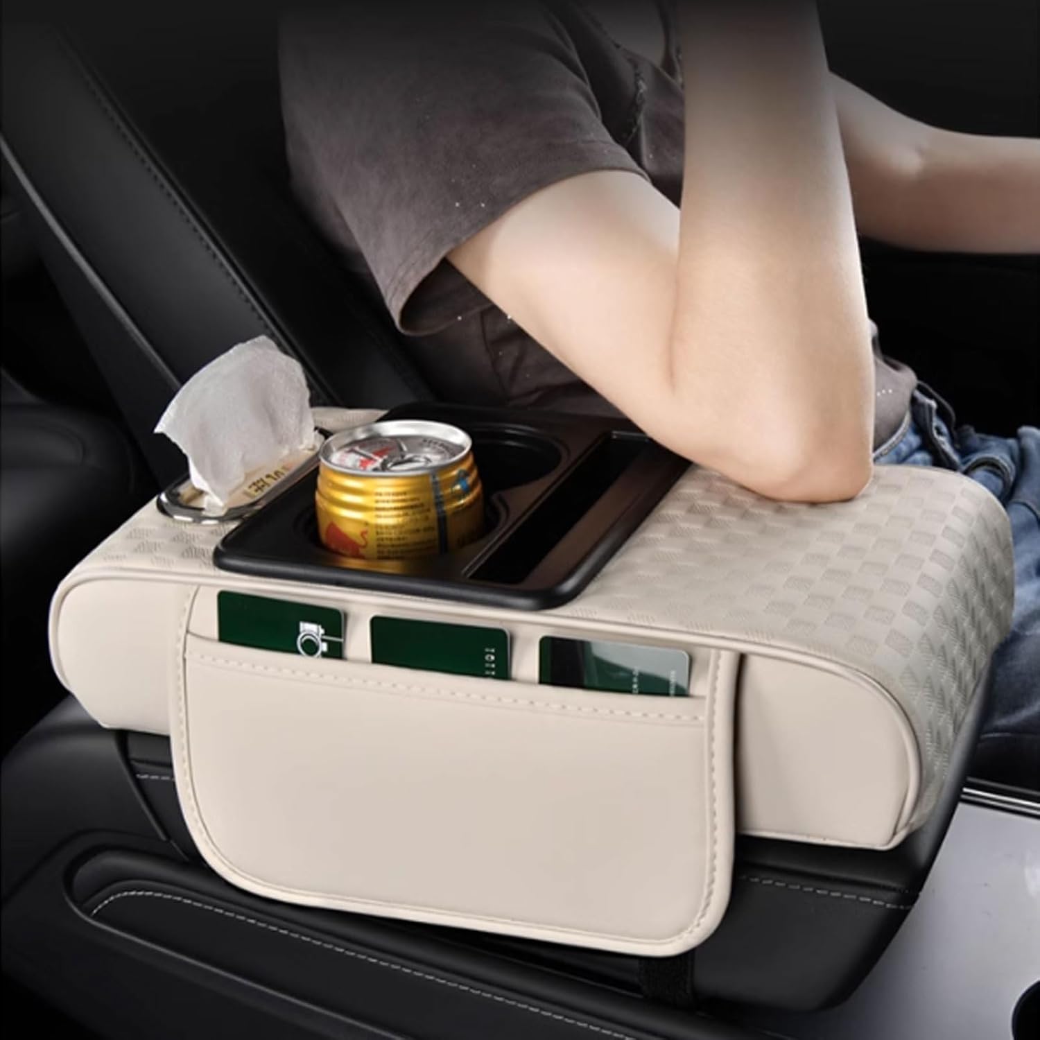 Car Center Console Cover, Armrest Pad with 2 Storage Pockets, Cup Holder, Tissue Box Slot, Phone Holder, Universal fit