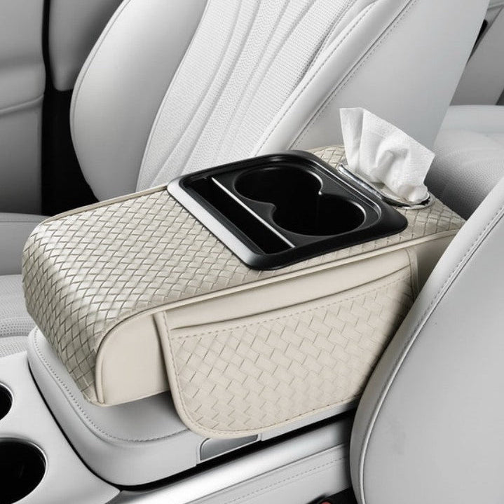 Car Center Console Cover, Armrest Pad with 2 Storage Pockets, Cup Holder, Tissue Box Slot, Universal fit