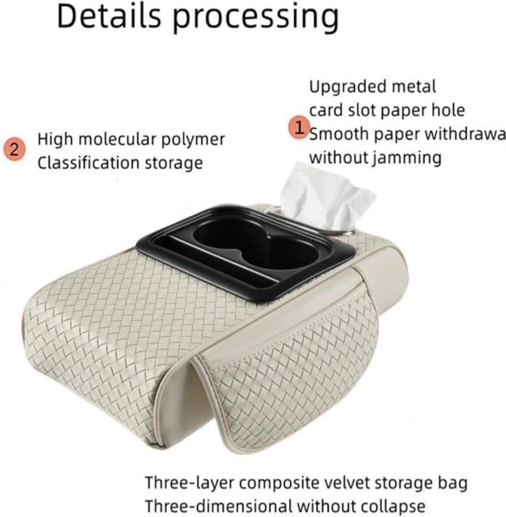Car Center Console Cover, Armrest Pad with 2 Storage Pockets, Cup Holder, Tissue Box Slot, Universal fit