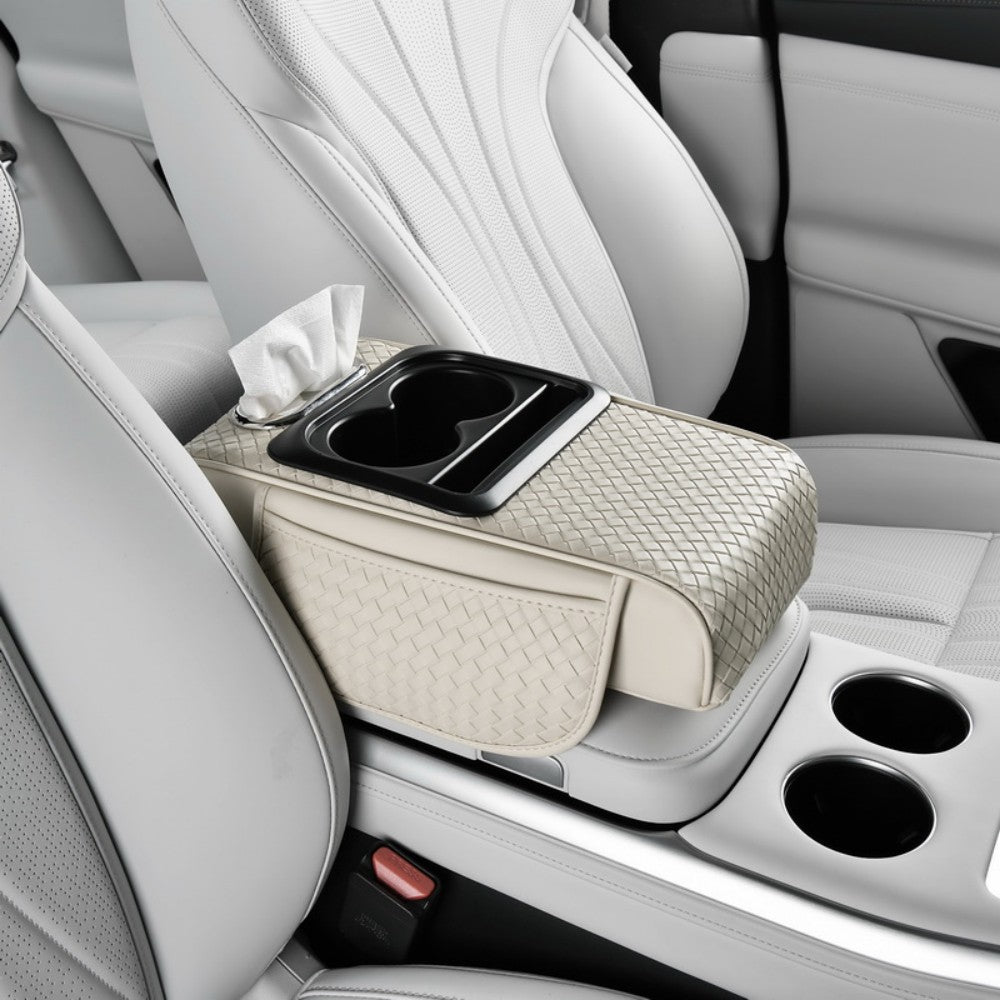 Car Center Console Cover, Armrest Pad with 2 Storage Pockets, Cup Holder, Tissue Box Slot, Universal fit