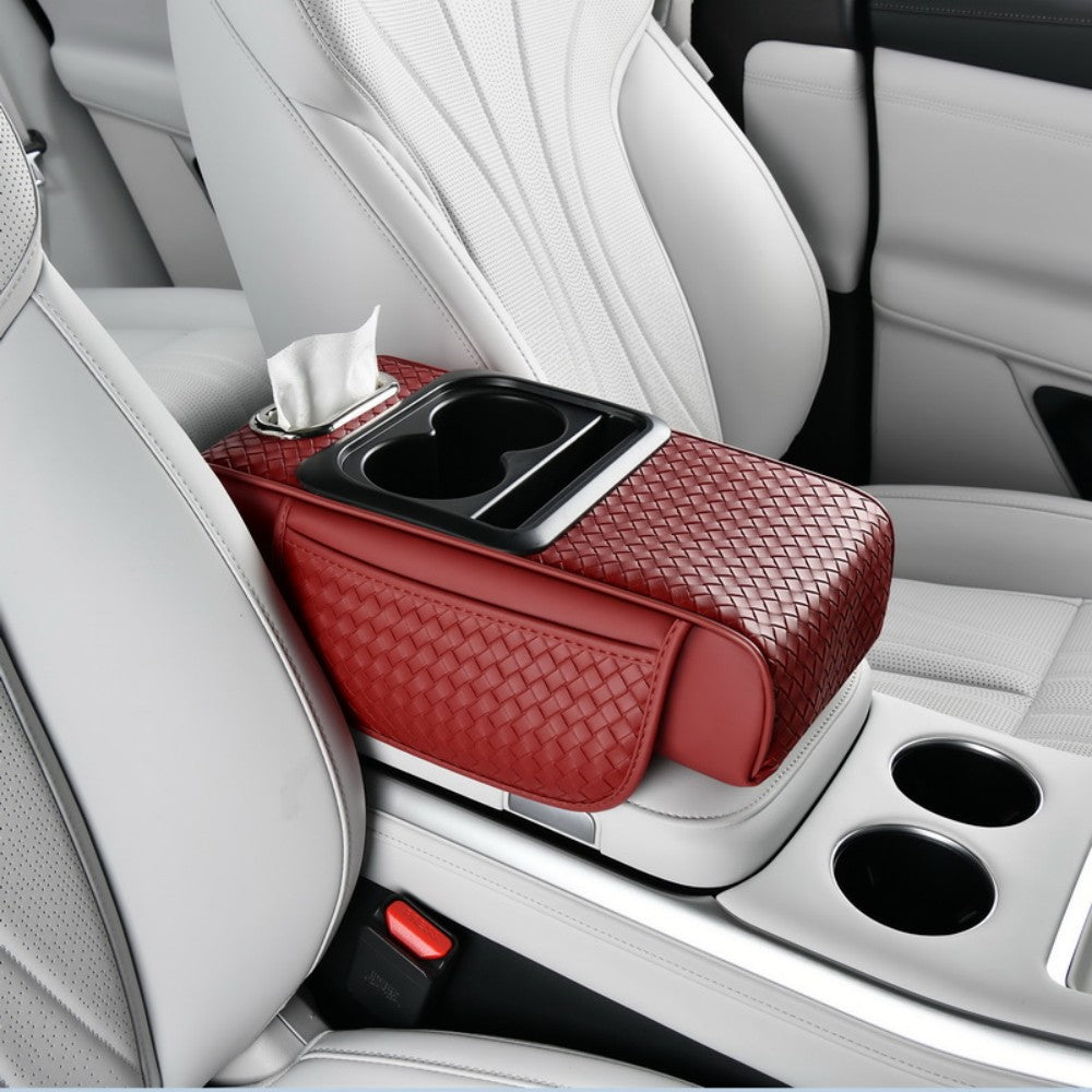 Car Center Console Cover, Armrest Pad with 2 Storage Pockets, Cup Holder, Tissue Box Slot, Universal fit