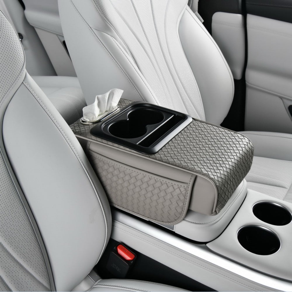 Car Center Console Cover, Armrest Pad with 2 Storage Pockets, Cup Holder, Tissue Box Slot, Universal fit