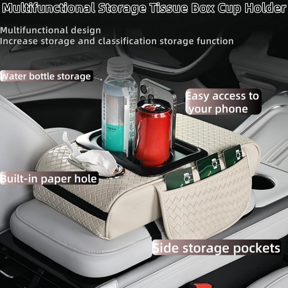Car Center Console Cover, Armrest Pad with 2 Storage Pockets, Cup Holder, Tissue Box Slot, Universal fit