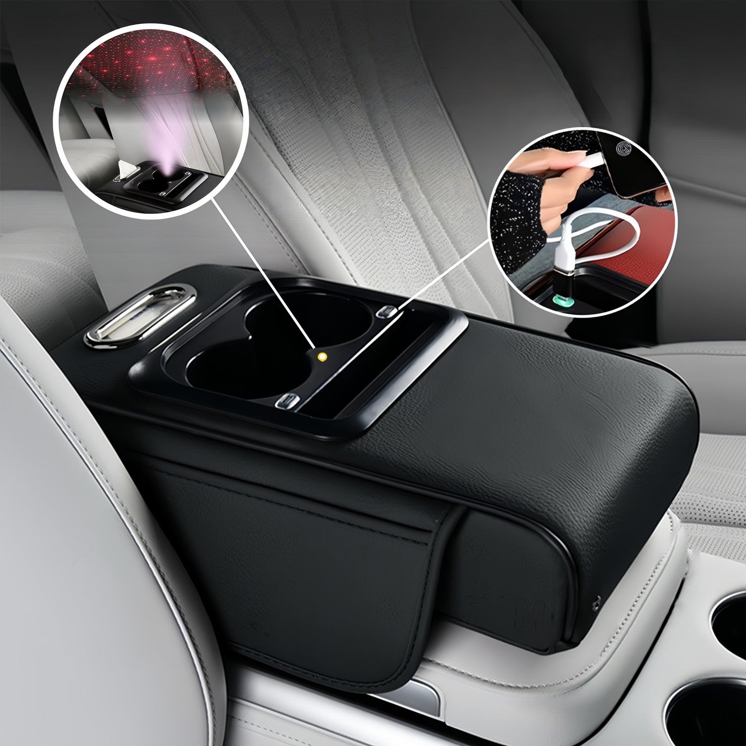 Car Center Console Cover, Armrest Pad with USB LED Light Projection 2 Storage Pockets, Cup Holder, Tissue Box Slot, Universal fit