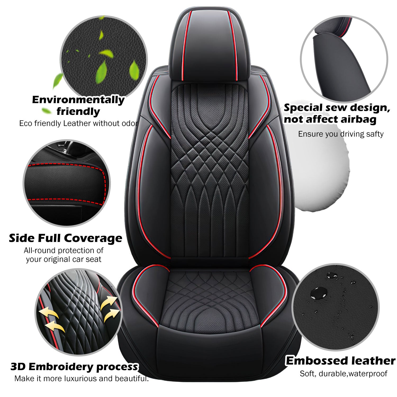 Universal Leather Car Seat Covers Set Airbag Compatible, Premium Faux Leather Water Resistant Automotive Accessories