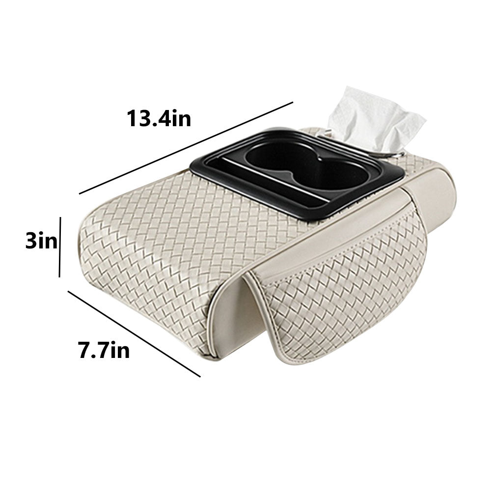 Car Center Console Cover, Armrest Pad with 2 Storage Pockets, Cup Holder, Tissue Box Slot, Universal fit