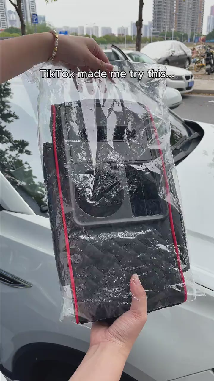 Cubreconsola para Auto – Cojín de Apoyabrazos con Patrón Tejido, 2 Bolsillos de Almacenamiento, Portavasos, Ranura para Caja de Pañuelos y Soporte para Teléfono – Ajuste Universal para la Mayoría de Vehículos