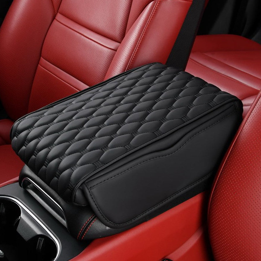 Car Center Console Cover, Leather Memory Foam Armrest Cover Cushion with 2 Storage Bags, Waterproof Comfortable Universal fit Most Cars